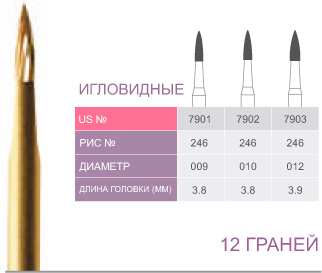 картинка Бор ТВС финишный 7901, игловидный, 12 граней, FG (5 шт.), Prima Dental Group 