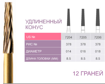 картинка Бор ТВС финишный 7206, удлиненный конус, 12 граней, FG (5 шт.), Prima Dental Group 