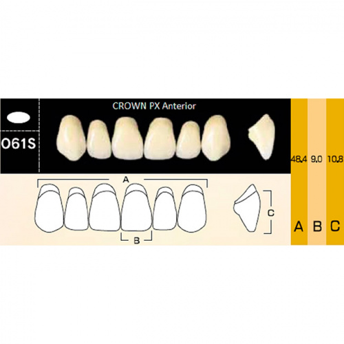 картинка Зубы композитные Crown PX Anteriors фронтальные, верхние, фасон O61S на планке (6 шт), Yamahachi 